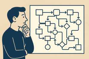 Systemdenken: geordnetes Netzwerk aus Linien und Knoten in warmen Grautönen, brauner Akzent.
