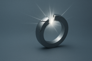 Abstrakter metallischer Ring in kühlen Grau-Blau-Tönen, der aufbricht und Licht freigibt – Sinnbild für Freiheit und Souveränität.