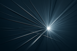 Abstrakte graublau-metallische Linien, die sich zu einem hellen Punkt verdichten – Symbol für Entscheidungskraft und Klarheit.