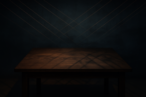 Abstraktes Bild zu verdeckten Erwartungen im Familienunternehmen: unsichtbare Fäden über einem Familientisch symbolisieren unausgesprochene Regeln und Spannungen zwischen Generationen.